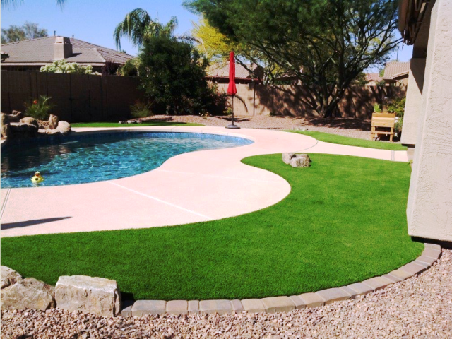 This Home Owners Back Yard Pool Is Enhanced With 80oz Imperial Spring Artificial Grass Installed By Centurion Stone Of Arizona, Mesa AZ