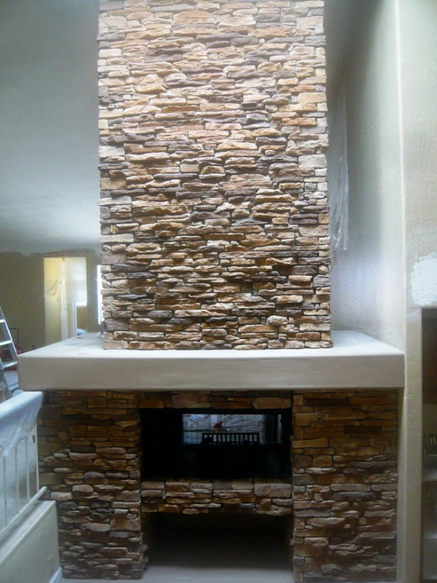 Tall Fire Place with Brown Ledge Stone | Centurion Stone Of Arizona