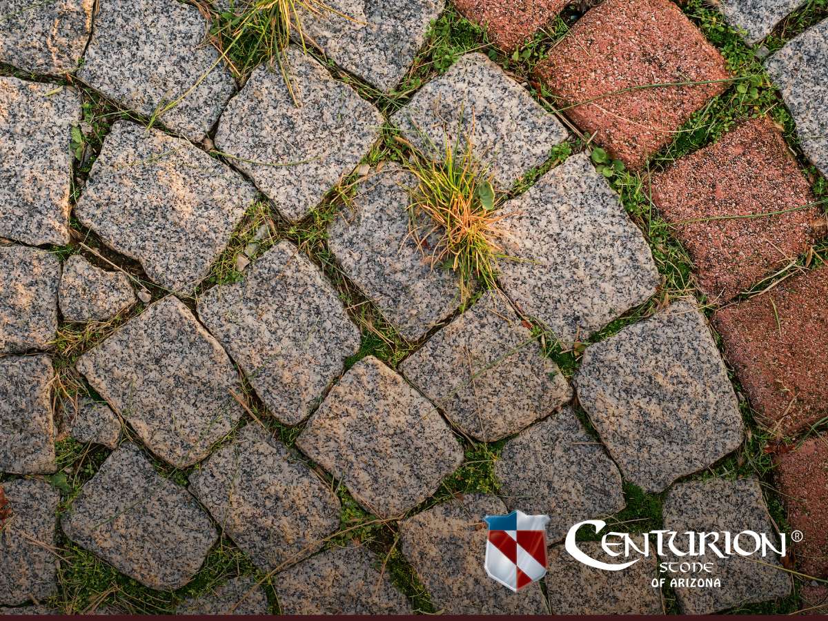Close-up of a weathered stone paver walkway with grass growing between the gaps.