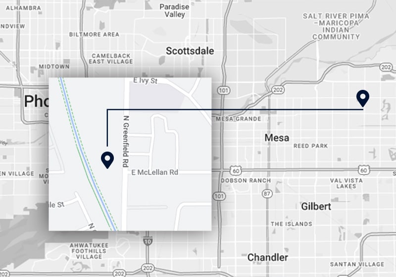 map location in the East Valley in Mesa, Arizona