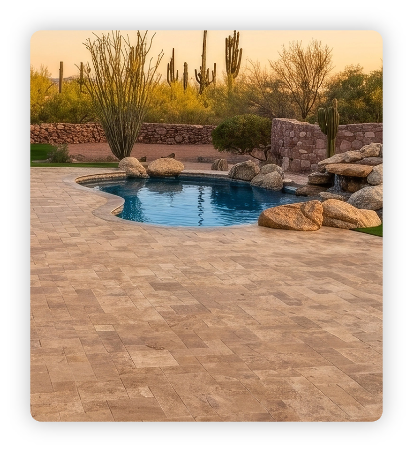 Stone floors on patio surrounding a pool
