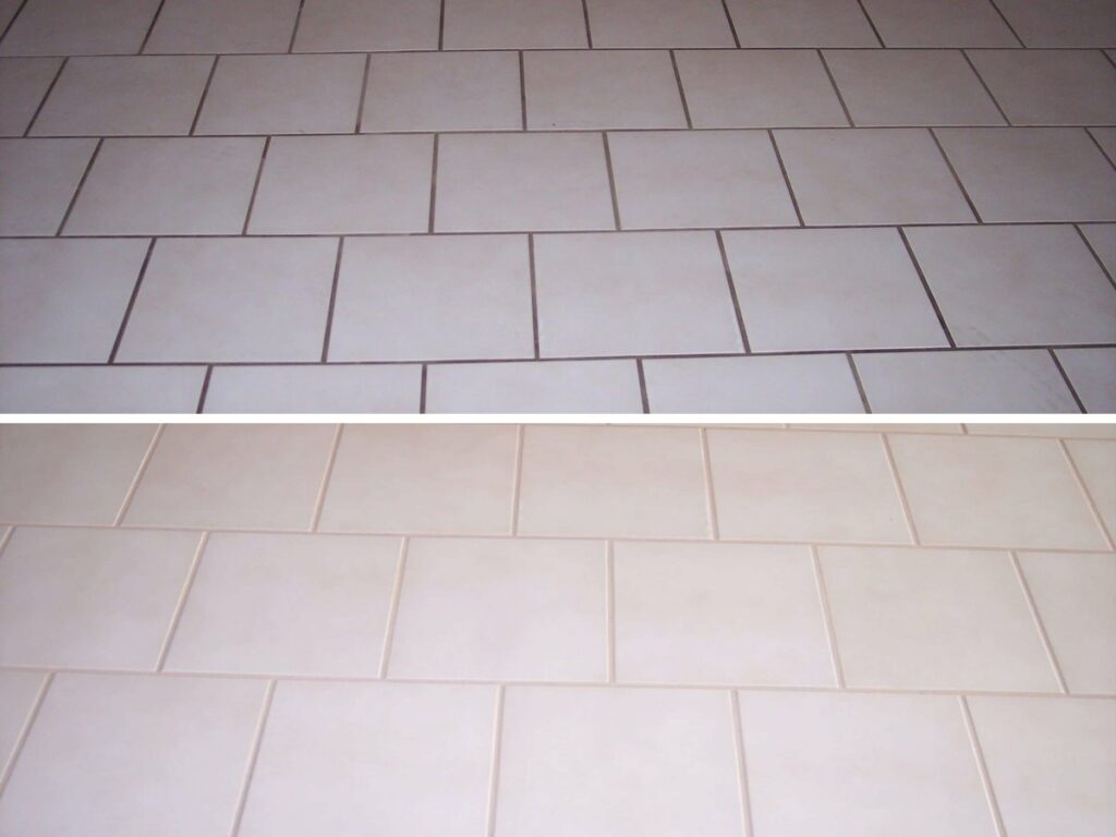 Tile floor grout before and after color sealing by Desert Tile and Grout Care
