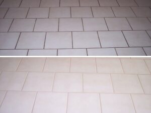 Tile floor grout before and after color sealing by Desert Tile and Grout Care