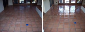 Saltillo tile floor before and after cleaning and sealing by Desert Tile and Grout Care