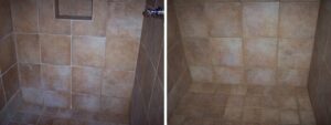 Shower tile and grout before and after cleaning by Desert Tile and Grout Care